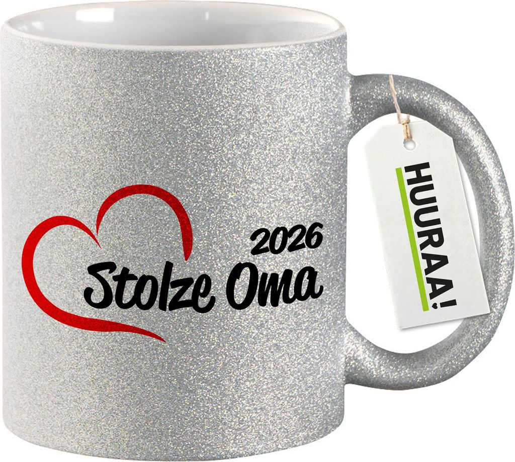 Huuraa Glitzertasse Stolze Oma 2026 Herz 330ml Silber Keramik Kaffeebecher Geschenkidee