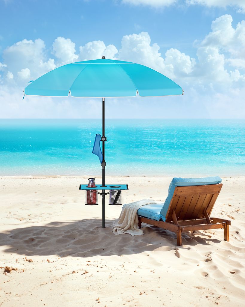 SONGMICS Sonnenschirm ∅160 cm, Strandschirm, Sonnenschutz UPF 50+, Ablagefläche