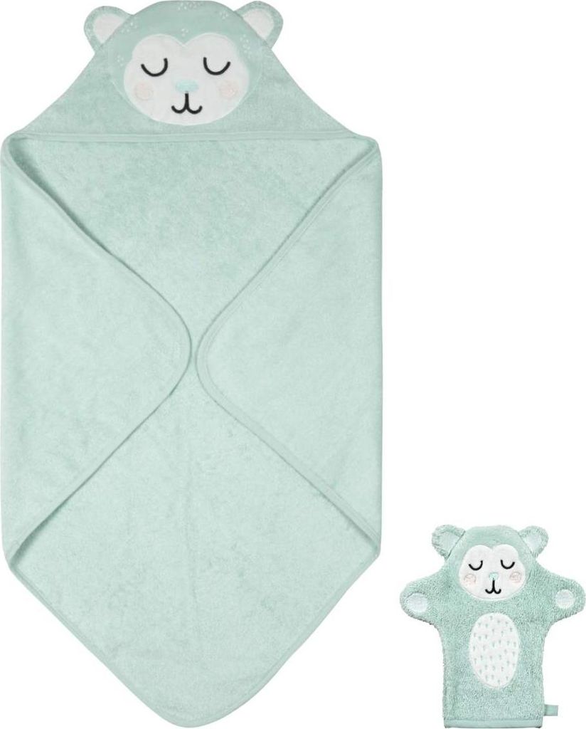Södahl Kinderhandtuch Kapuzenhandtuch 80x80cm Set Waschhandschuh MONTY MONKEY mint