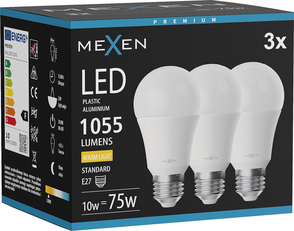 Mexen Nova 3x LED-Glühbirne E27, A60, 10W, Warm - 3000K, 1055 lm - L100-E27-1030-01x03