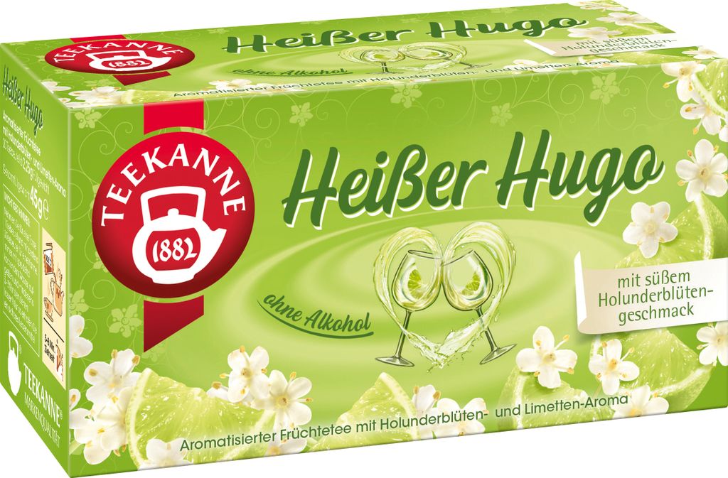 Teekanne Heißer Hugo mit feiner Holunderblüte und Produktbild 
