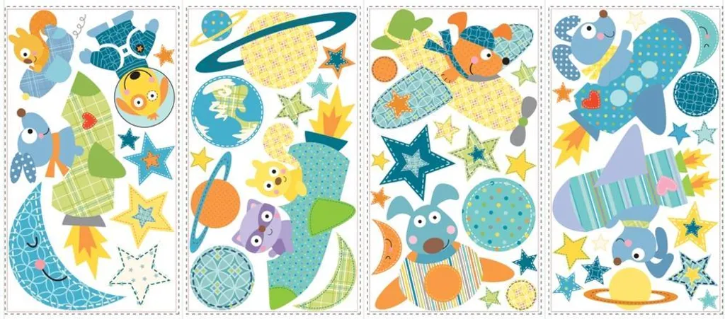RoomMates stickers muraux Fusée avec chien 4 feuilles XL repositionnables