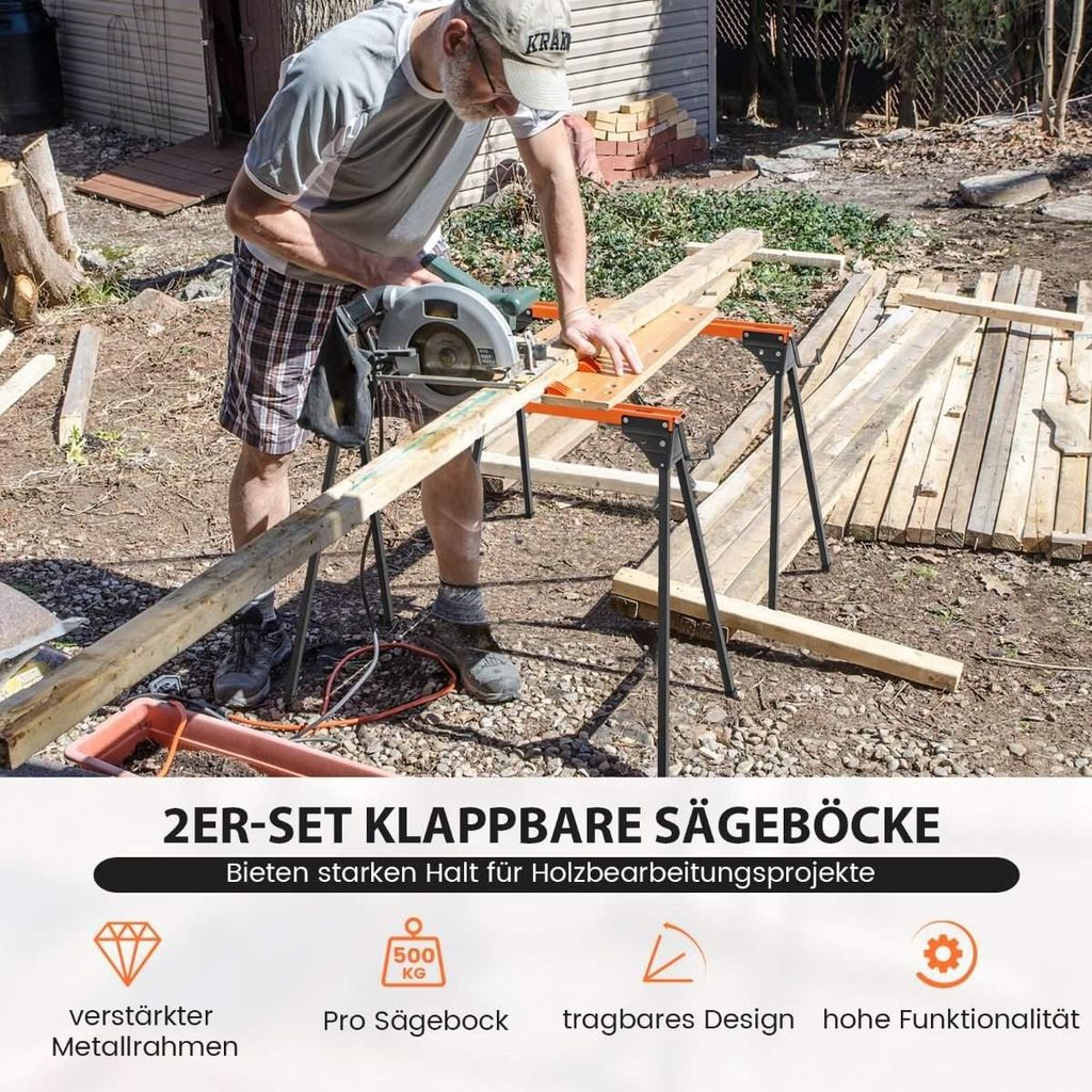 2 x Sägebock Arbeitsbock Klappbar Gerüstbock bis zu 500 kg belastbar 96,5 x 47 x 76 cm