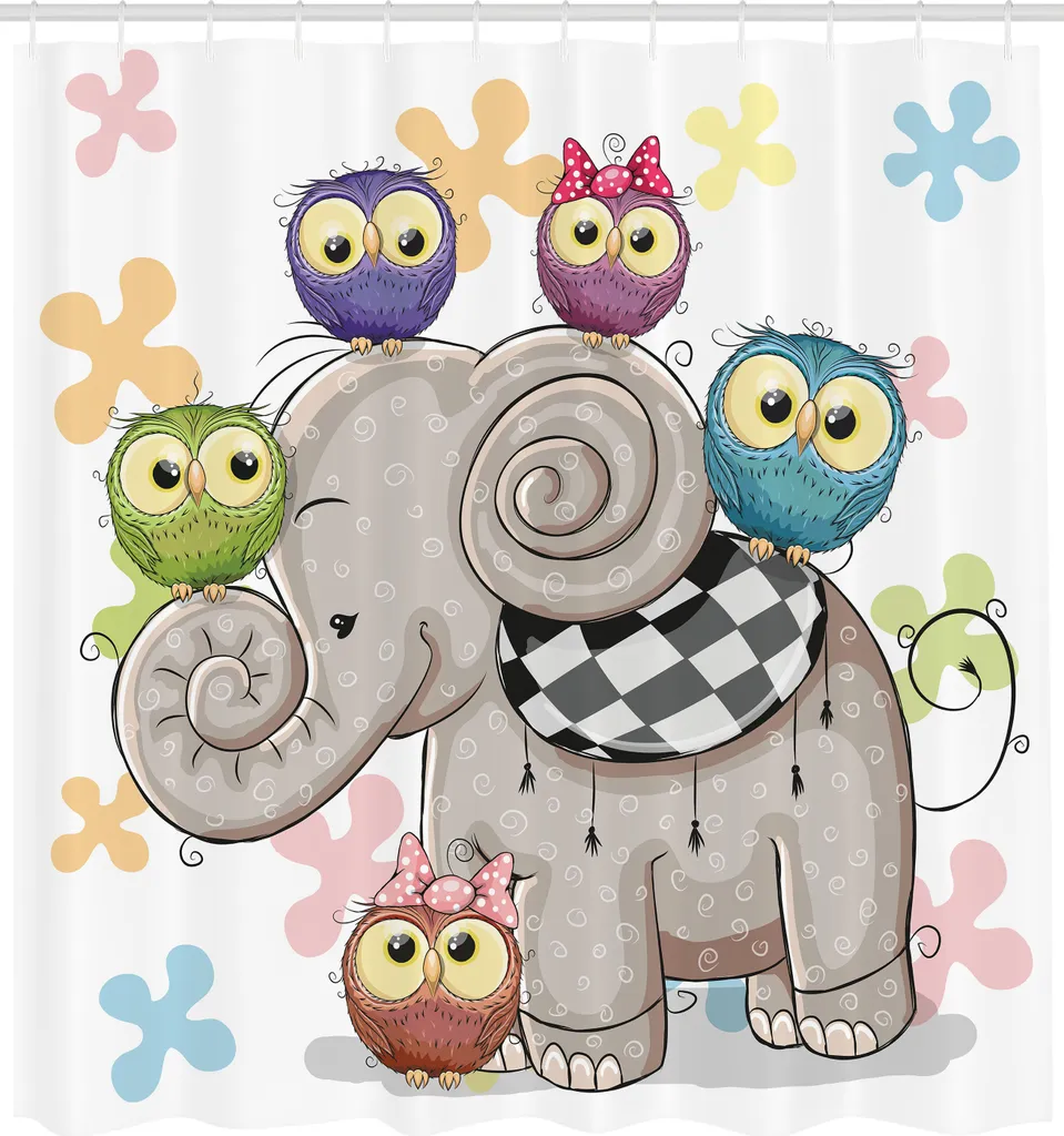 ABAKUHAUS Tenda da doccia con caricature, elefanti e gufi su sfondo floreale, amore per gli animali, occhi grandi, ragazzi e ragazze, tessuto, set decorativo per bagno con ganci, 175x240 cm, multicolore