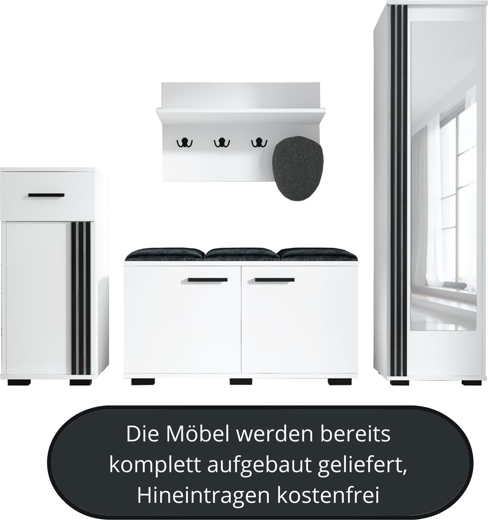 A set of white furniture for an entryway, including a tall cabinet with a mirror, a shoe cabinet with a bench, and a wall-mounted shelf with hooks.