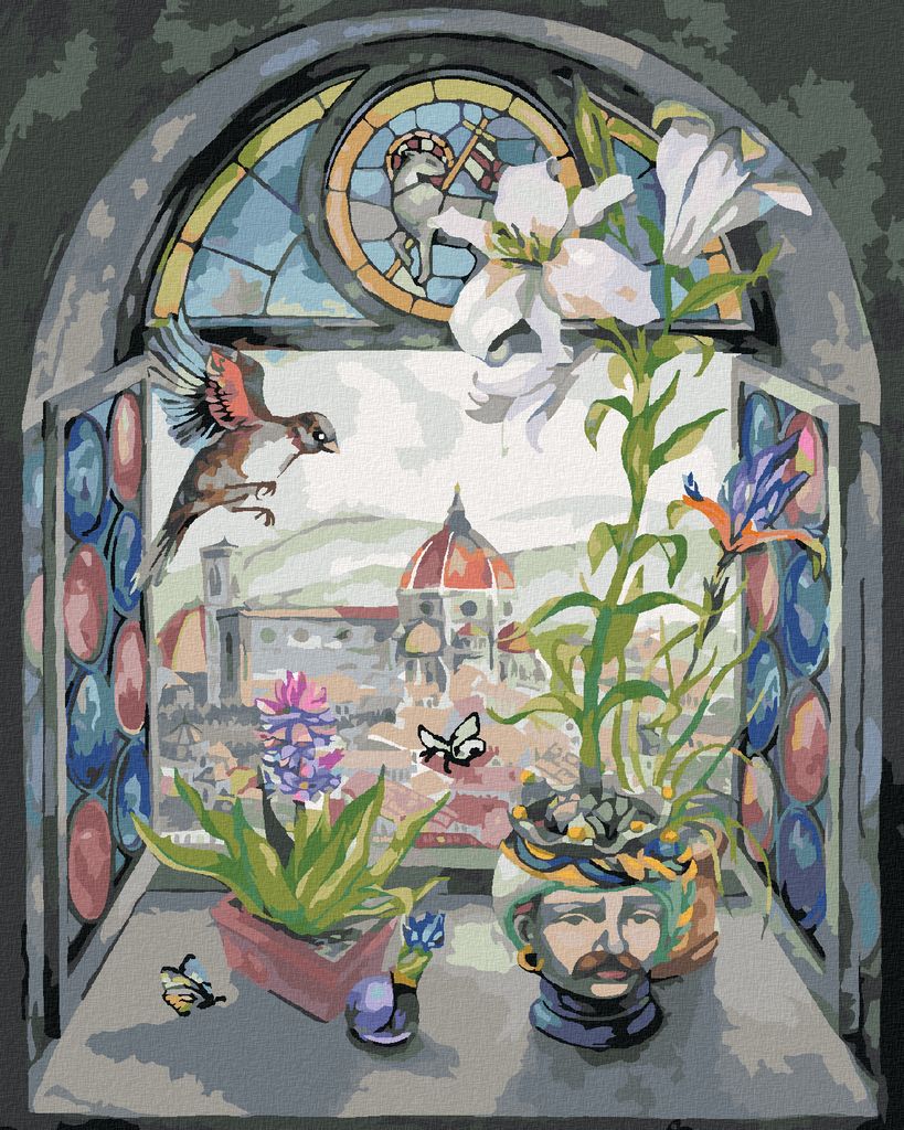 Zuty - Malen nach Zahlen - FENSTER MIT BLICK AUF DIE KATHEDRALE SANTA MARIA, 40x50 cm, mit Keilrahmen (bereits gespannt)