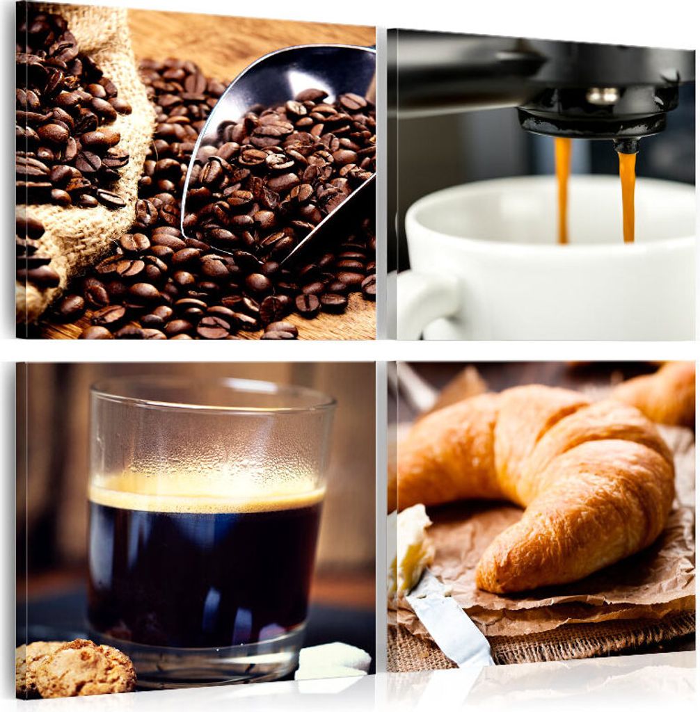 Modernes Wandbild j-B-0019-b-i (60x60) - 4 Teilig Bilder Fotografie auf Vlies Leinwand Foto Bild Dekoration Wand Bilder Kunstruck KAFFEE CROISSANT