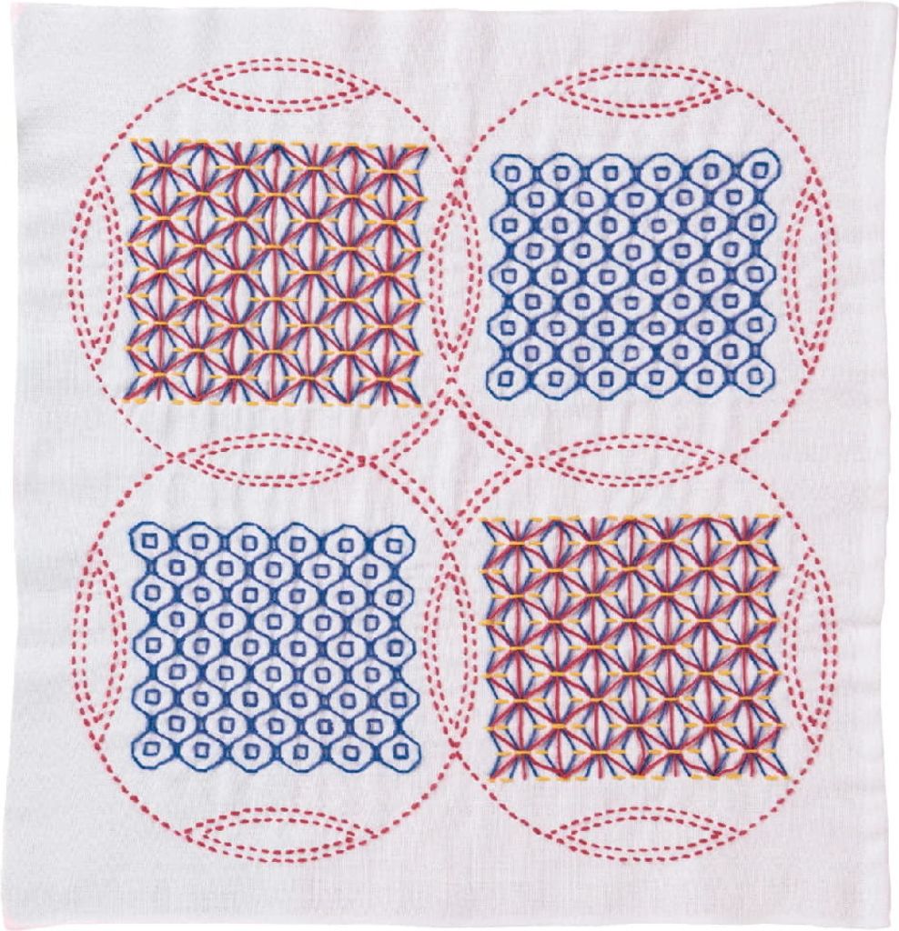 Olympus Kugurizashi Sashiko Stickpackung "Hana Fukin Asanoha & Zeni-sashi", Stoff bedruckt, 34x34cm, Original aus Japan