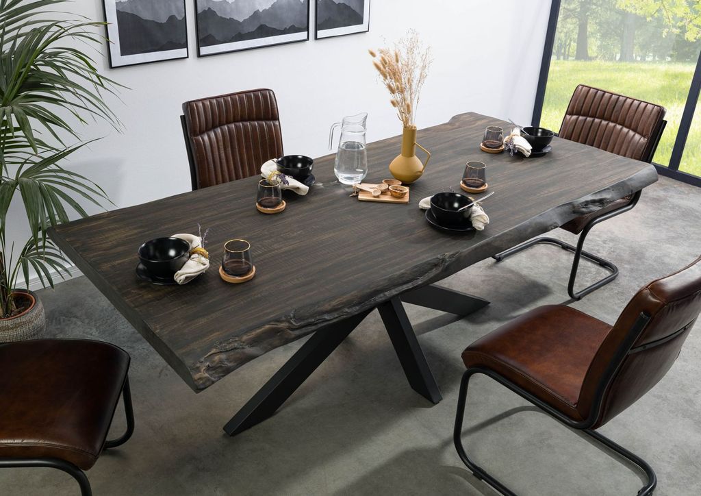 MASSIVMOEBEL24 Baumtisch Mango 200x100x77 grau lackiert / Kreuzgestell anthrazit matt FREEFORM 5