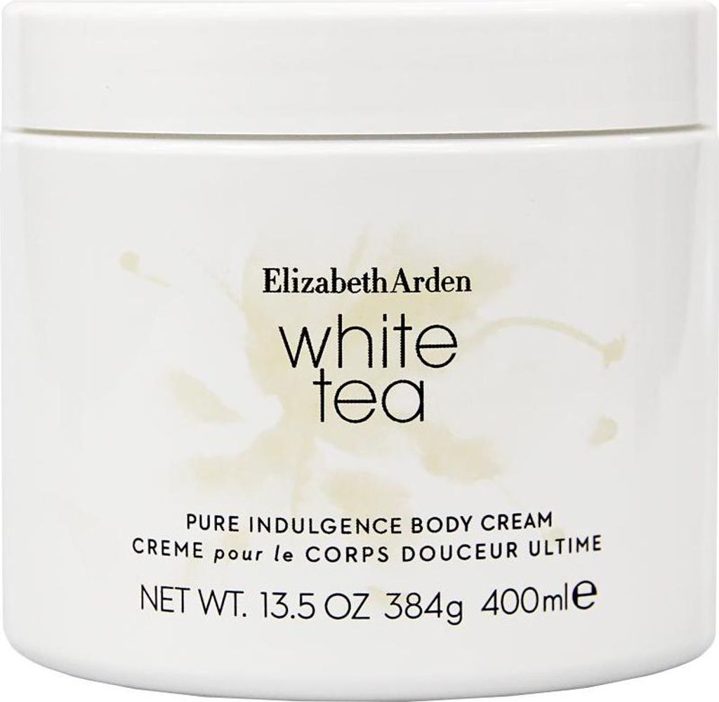 A white jar of Elizabeth Arden White Tea Pure Indulgence Body Cream.