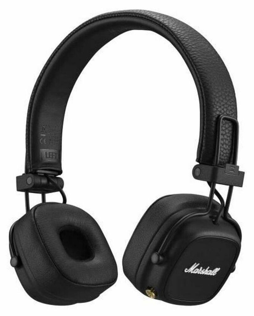 A studio shot of a pair of black Marshall Major IV wireless Bluetooth headphones against a white background.