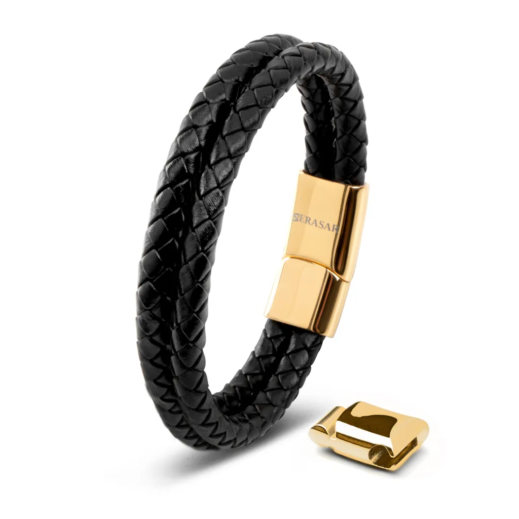 SERASAR Bracciale Uomo Pelle Intrecciata 23cm | Oro Vintage & Acciaio