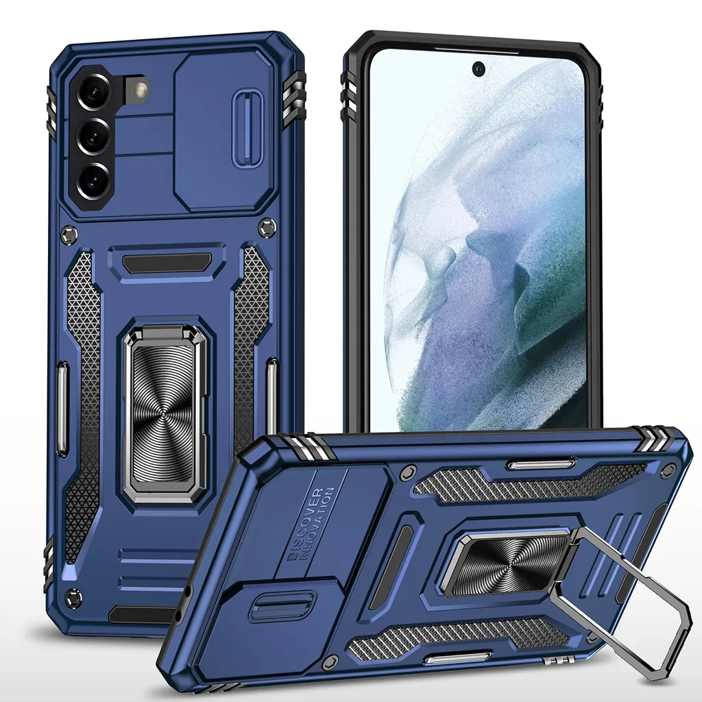 Custodia per Samsung Galaxy S23 doppio strato protettivo antiurto con protezione fotocamera scorrevole, supporto ad anello blu navy