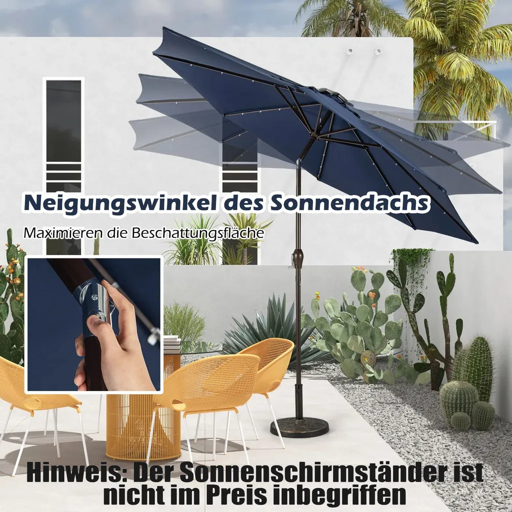 COSTWAY Ombrellone da Giardino 300 cm, 40 Luci LED Solari, Anti-UV, Inclinazione Regolabile, Manovella, 2 Sacchi di Sabbia, 8 Stecche per Esterno Piscina Patio (Marrone