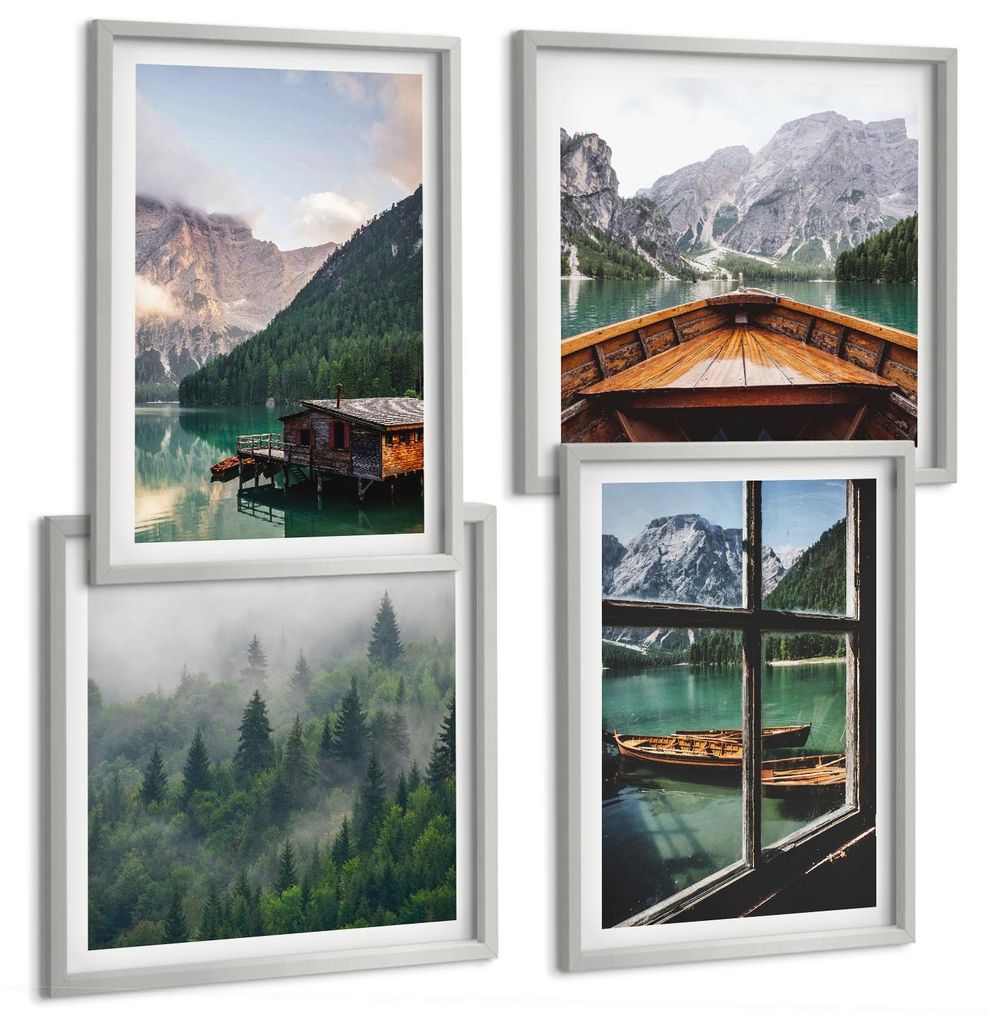 Bilder Set 4-teilig im silbergerahmten Rahmen – Wandbilder 4 Stück – gerahmte Poster für Wohnzimmer, Schlafzimmer und Flur – 50x50 cm - 40x...