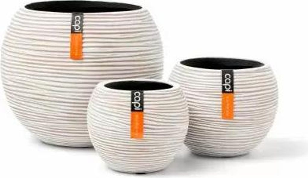 Three round planters of varying sizes are displayed against a white background. Each planter has a textured surface with horizontal lines and an orange tag with the brand name 'capi' printed vertically.