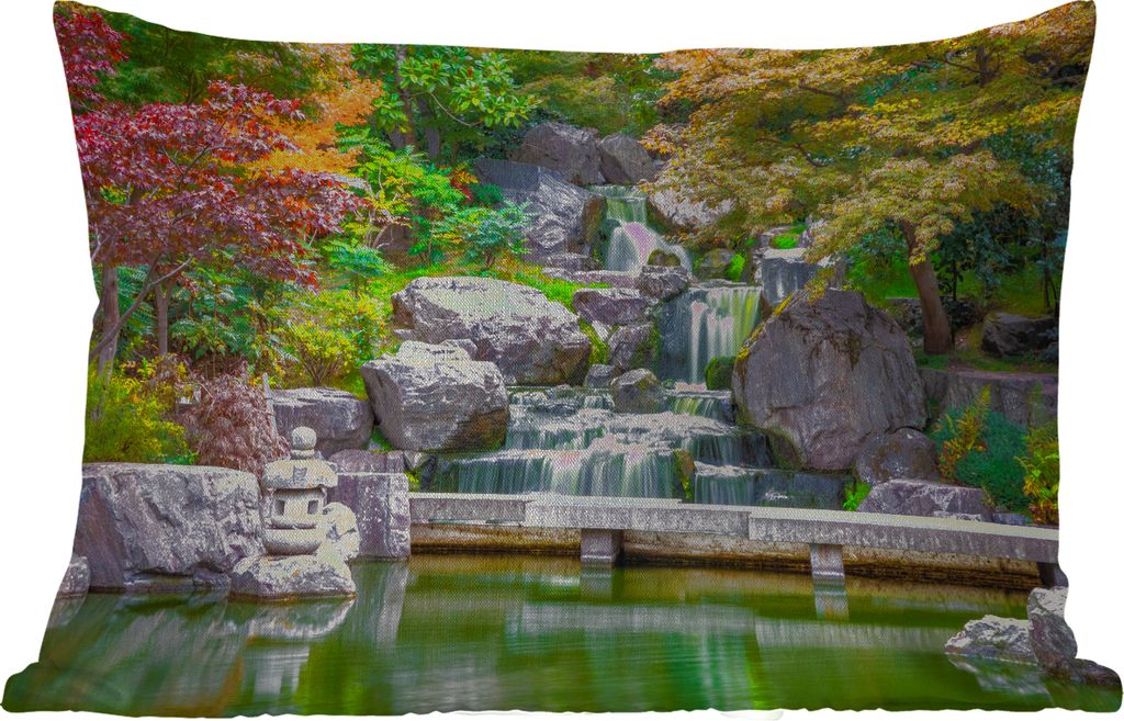 MuchoWow Outdoor Kissen - Steine - Wasser - Bäume - Japanisch - Botanisch - 60x40 cm - Wetterfest - Lounge Kissen - Zierkissen - Kissen für Inn...
