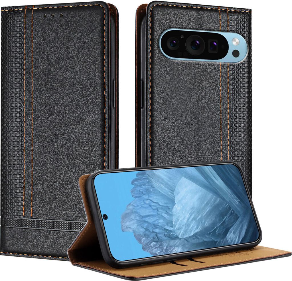 Handyhülle für Google Pixel 9 Leder Flip Klappbare Schutzhülle mit Standfunktion Schwarz
