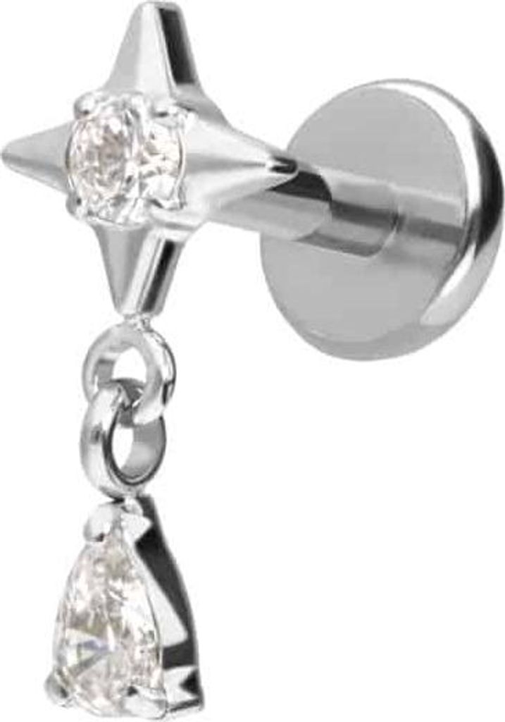 Ohrpiercing, Nasenpiercing Titan Labret mit Push Fit STERN + KRISTALLTROPFEN Silber Stablänge: 5mm | Stabstärke: 1mm