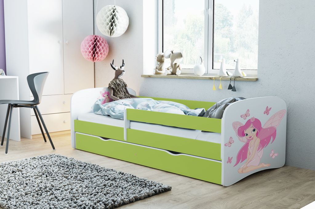 Kinderbett Jugendbett 80x180 cm Grün mit Matratze Rausfallschutz Schublade und Lattenrost Kinderbetten für Mädchen und Junge - Fee mit Schmetter...