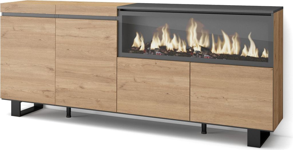 Sideboard, Highboard, 208x35x87cm, 4 Türen, Elektrokamin XXL, Industriedesign, Eiche