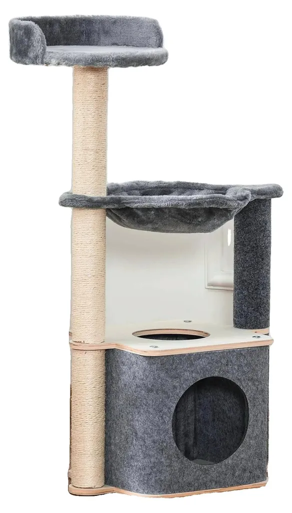 Arbre à chat 3 étages en bois : plateformes, hamacs et construction robuste