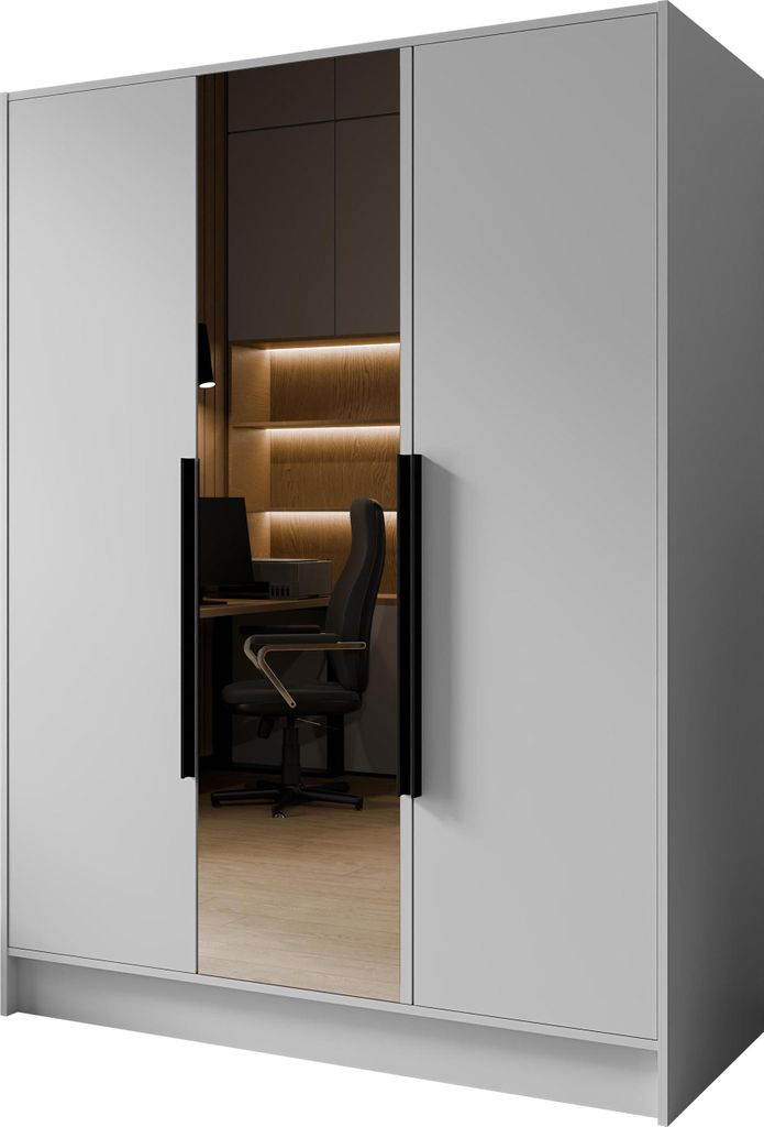 Kleiderschrank mit Spiegel, Drehtüren mit Schwarze Metallgriffe – 150 cm Breit Garderobenschrank mit viel Stauraum für Ankleide – Spiegelklei...