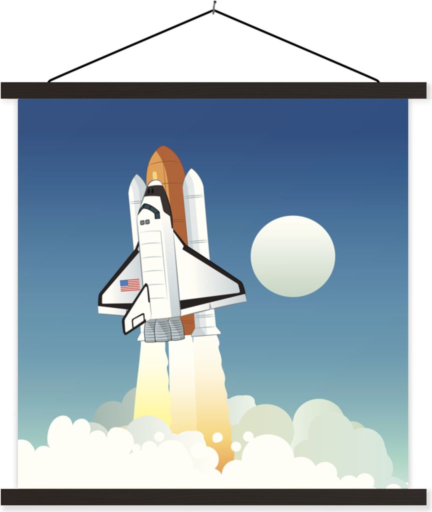 MuchoWow Textilposter Eine Illustration des Starts einer Raumfähre in den frühen Morgenstunden 90x90 cm mit schwarzem Rahmen - Magnetisches