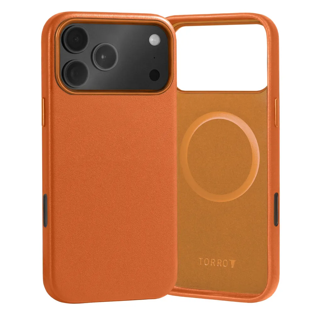 Housse de protection iPhone 17 Pro Max en cuir orange et charge MagSafe