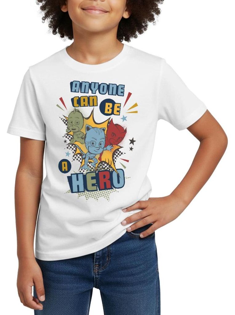 Spreadshirt PJ Masks Anyone Can Be Hero Pyjamahelden Kinder T-Shirt, 122/128 (7-8 Jahre), Weiß