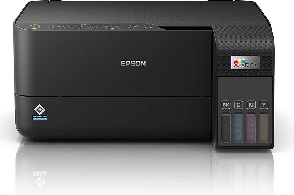 A black Epson EcoTank printer is shown from the front on a white background.