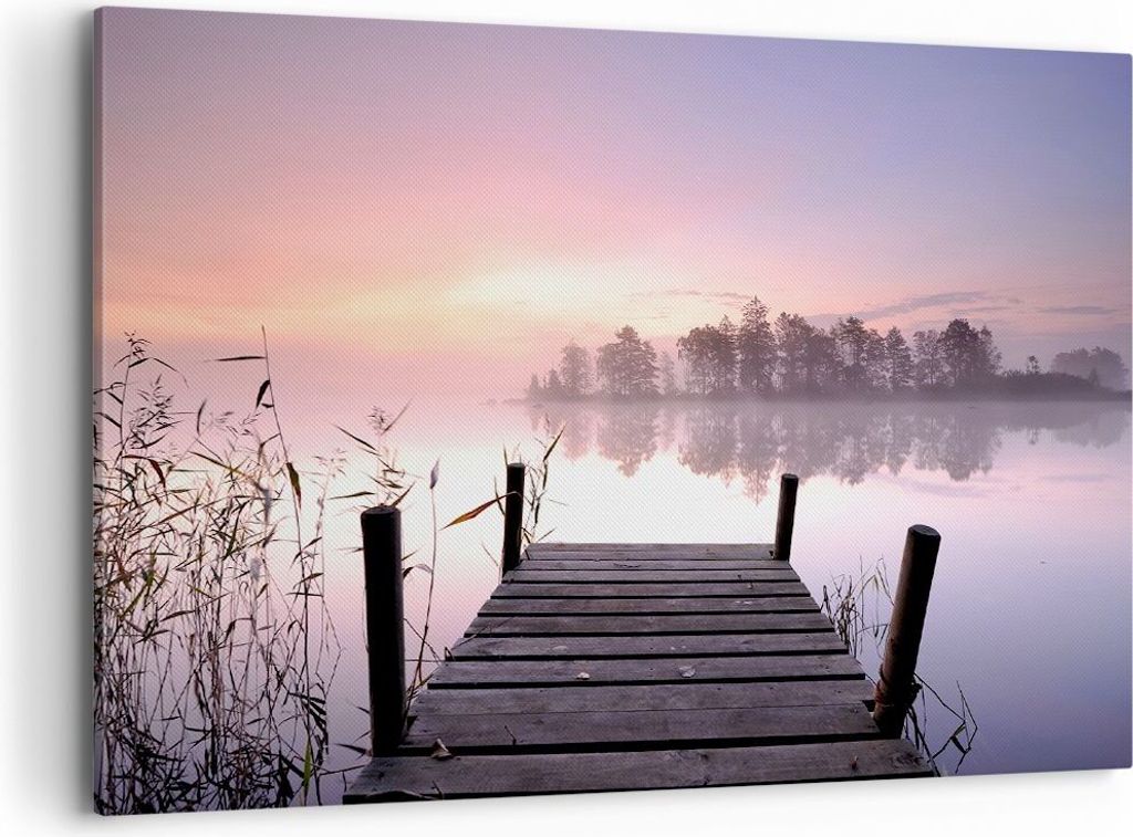 Bild auf Leinwand - Leinwandbild - Morgen Sonnenaufgang Nebel See - 100x70cm - Wand Bild - Wanddeko - Leinwanddruck - Bilder - Kunstdruck - Wanddek...