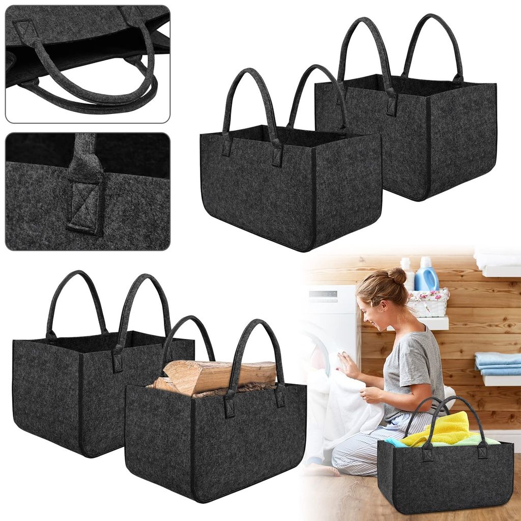 YUENFONG Filztaschen 4 Stück Tasche aus Filz, Kaminholzkorb Filztasche Shopper Faltbar, Holzkorb zur Aufbewahrung(50 x 25 x 25 cm, Dunkelgrau)