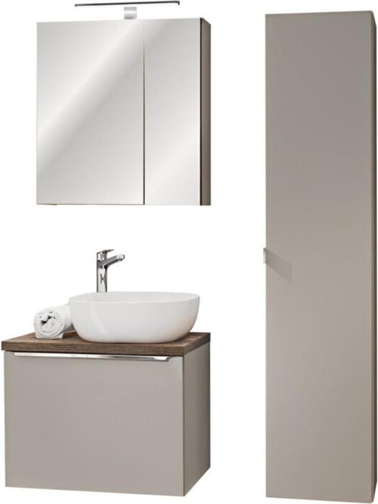 Set VANTA taupe: Waschtischunterschrank 60 cm + Aufsatzwaschbecken + Stauraumsäule + Spiegel + LED