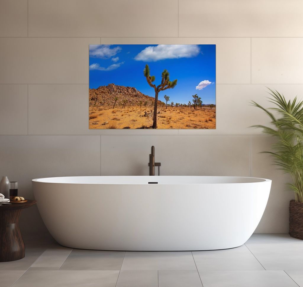 Wallario wasserfestes Poster selbstklebend 91,50 x 61 cm, Palmlilie im Nationalpark Yucca Valley Wüstenlandschaft, Badezimmerposter Spritzschutz m...