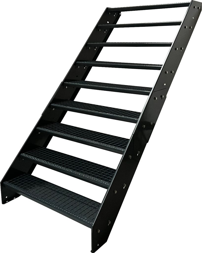 Stahl Wangentreppe Gitterroststufen 9 Stufen - Verzinkt & Anthrazit pulverlackiert - (B x H x T) 140 x 171 x 177 cm