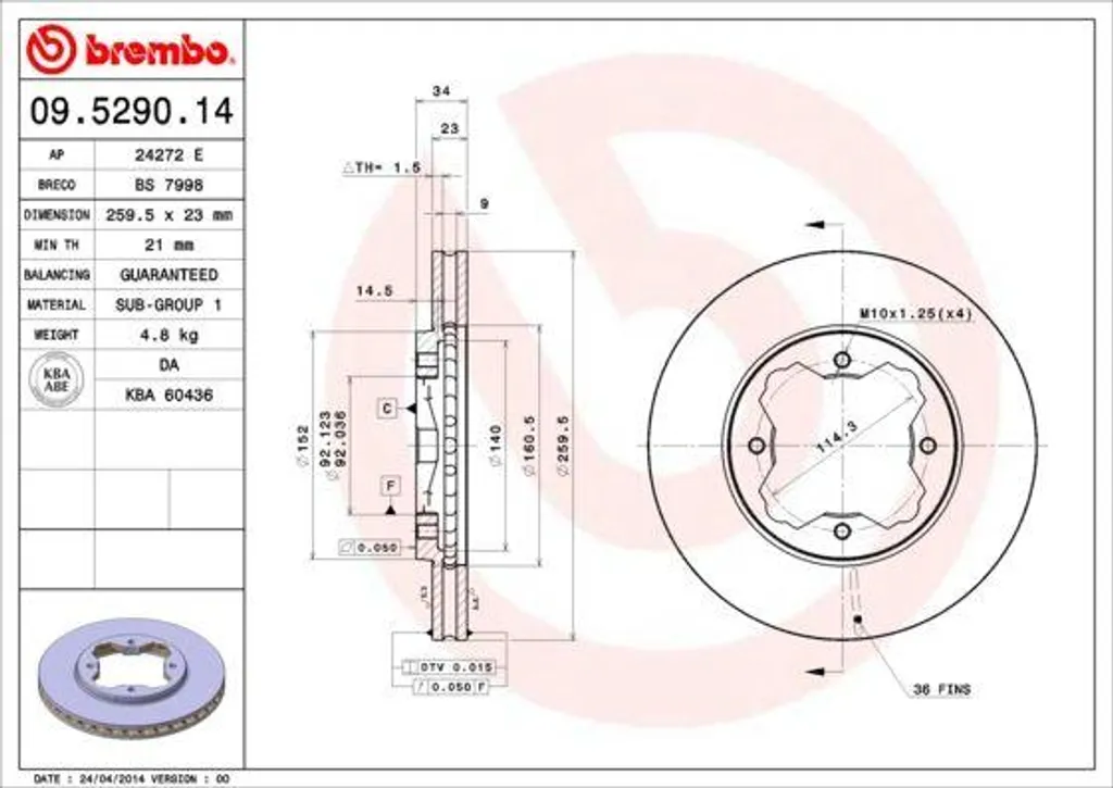 Disque de frein avant ventilé Brembo compatible Accord V et Civic 6