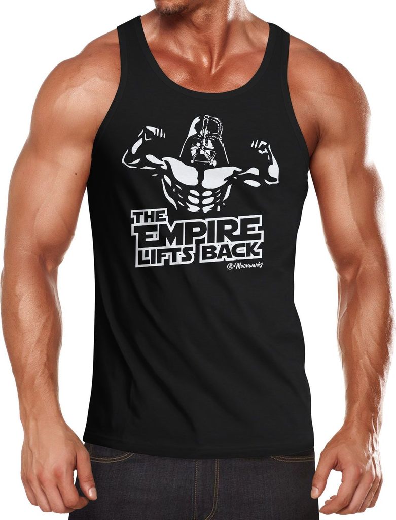 Herren Tanktop Fitness Bodybuilding Parodie The Empire lifts back Aufdruck bedruckt Muscle Shirt Achselshirt Moonworks schwarz XL