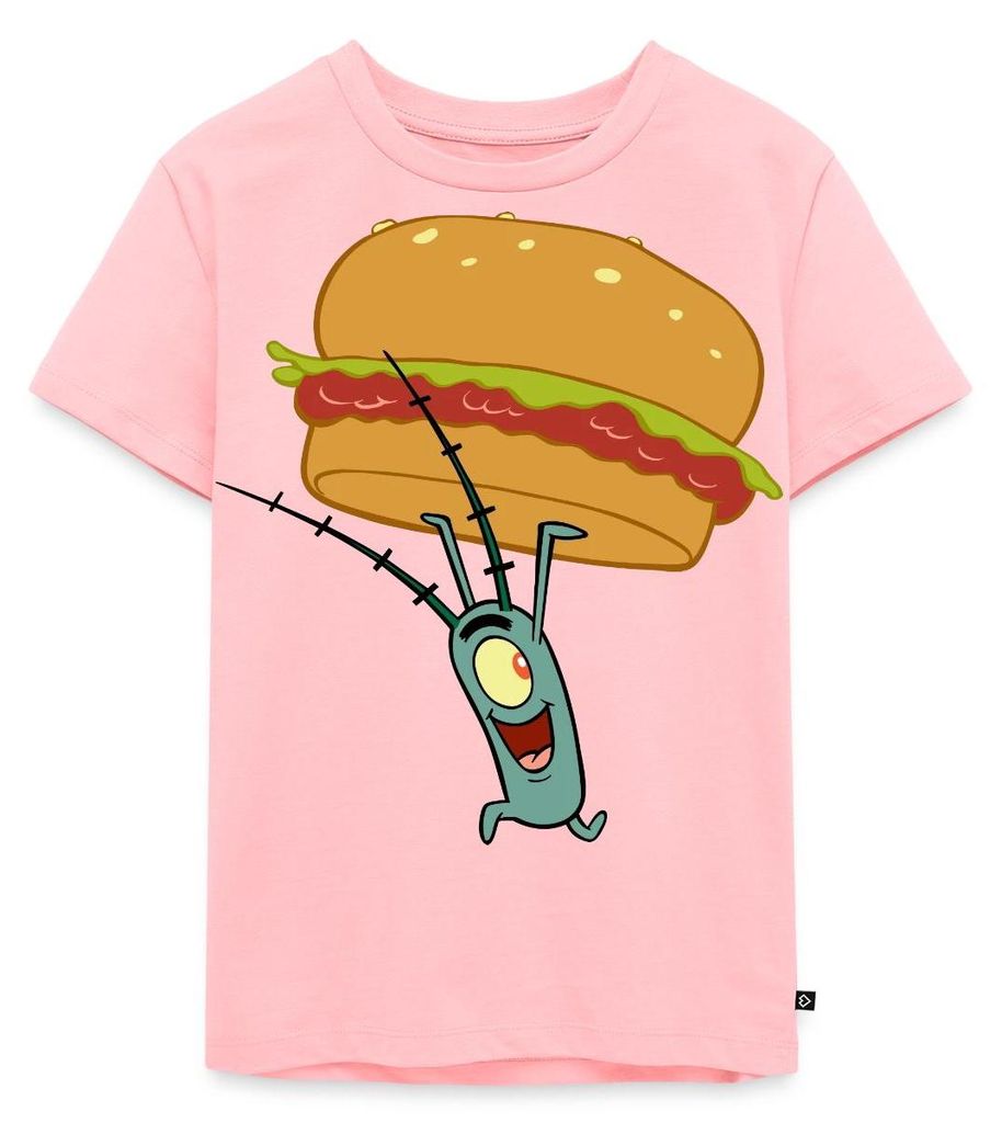 Spreadshirt Spongebob Schwammkopf Plankton Mit Hamburger Kinder Premium T-Shirt, 98/104 (2 Jahre), Rosa