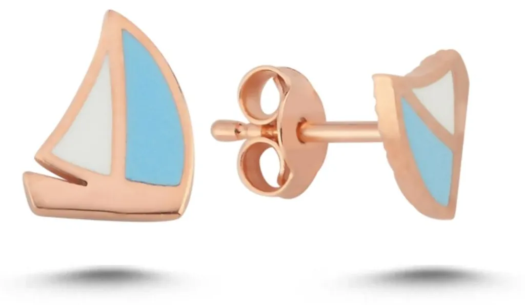 Boucles d'oreilles voilier émaillé argent 925 finition rosée de luxe