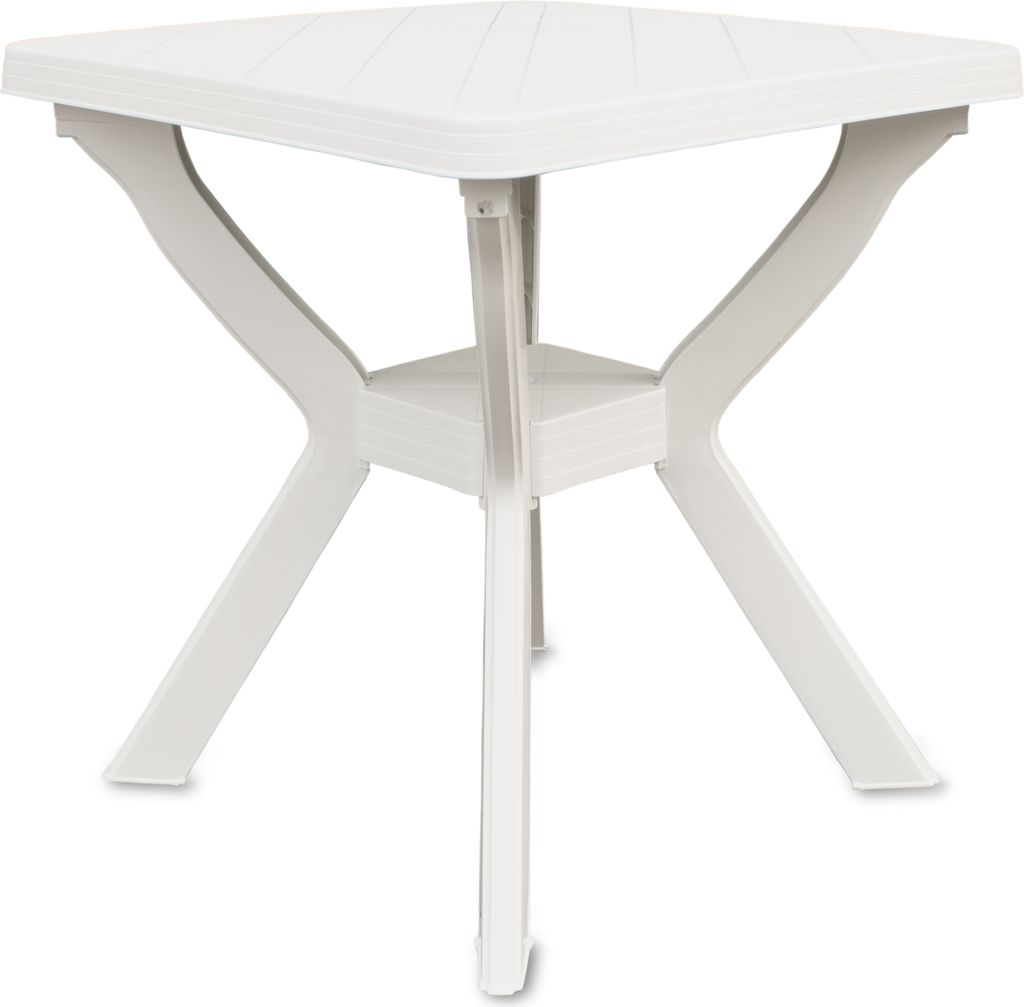 A white plastic garden table on a white background.