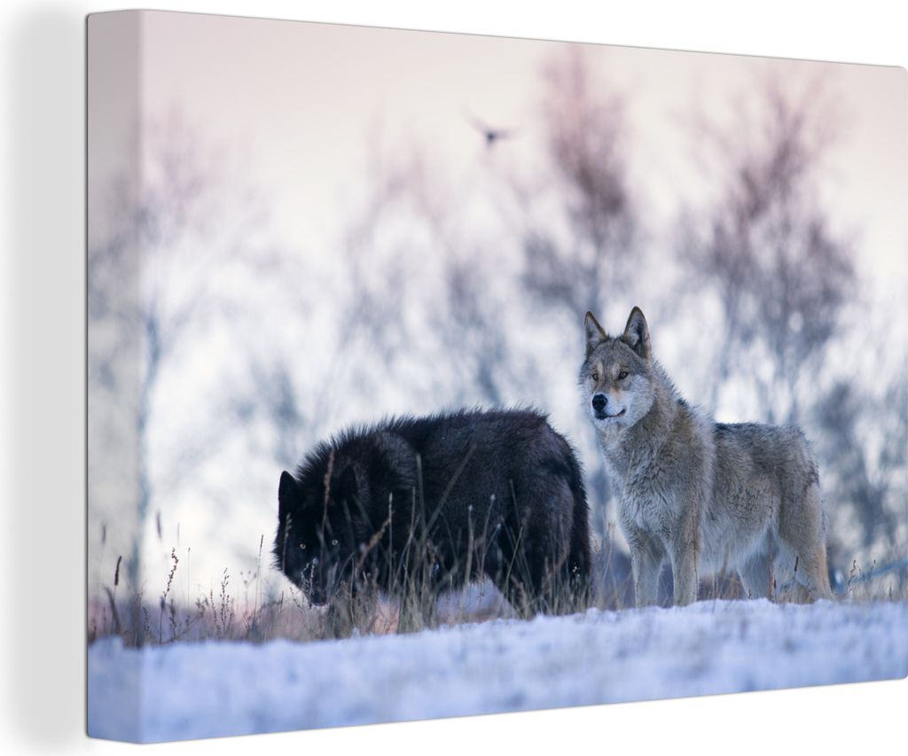 OneMillionCanvasses - Leinwandbilder - 140x90 cm, Wölfe - Schnee - Wald, Wandbilder Kunstdruck Wanddekoration