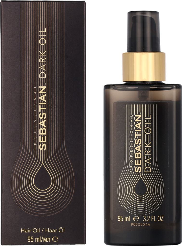 A bottle of Sebastian Dark Oil hair product and its packaging are shown against a white background.