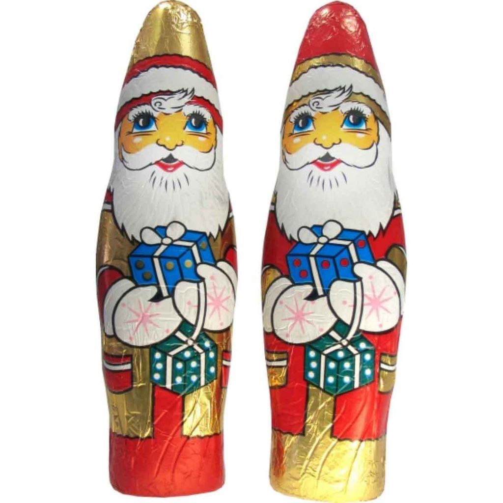 Two chocolate Santa Claus figures wrapped in foil.