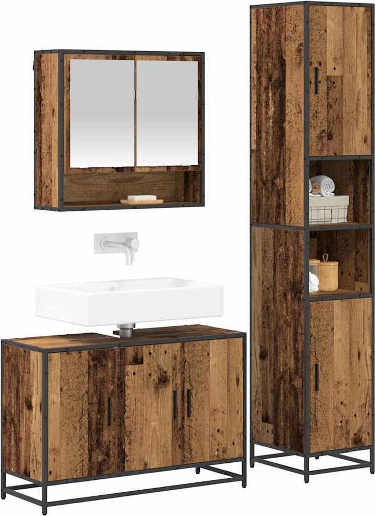 (Robust Möbel) Badezimmermöbel-Set mit Regal 3 pcs - Montage erforderlich - Altholz Holzwerkstoff - CL713074 - Badezimmerschränke