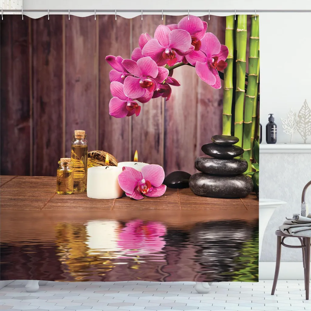 Rideau de douche ABAKUHAUS Spa décor fleurs de bambou 175 x 240 cm