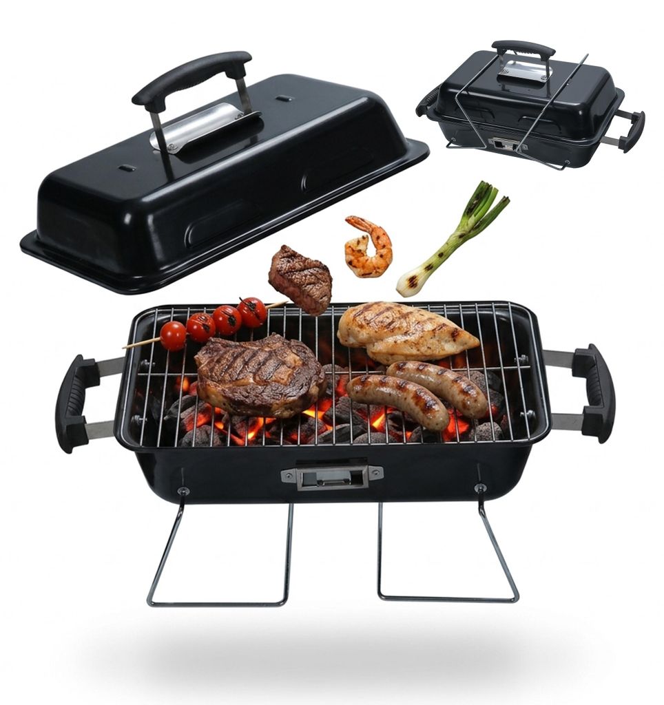 Relaxdays Tischgrill, tragbarer Klappgrill, HBT: 36 x 56 x 30,5 cm, Belüftung, Deckel, Campinggrill, Stahl, schwarz