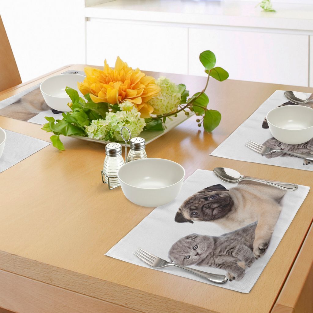 ABAKUHAUS Mops Platzmatten, Süße Junge Haustiere Kätzchen und Welpen Mops Scottish Fold Animal Fun Fotografie Print, Tiscjdeco aus Farbfesten St...