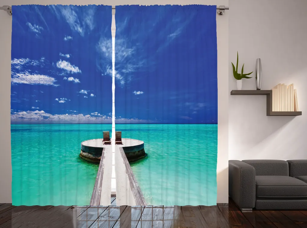 Rideau Turquoise et Blanc Thème Voyage Rustique en Tissu Haute Qualité