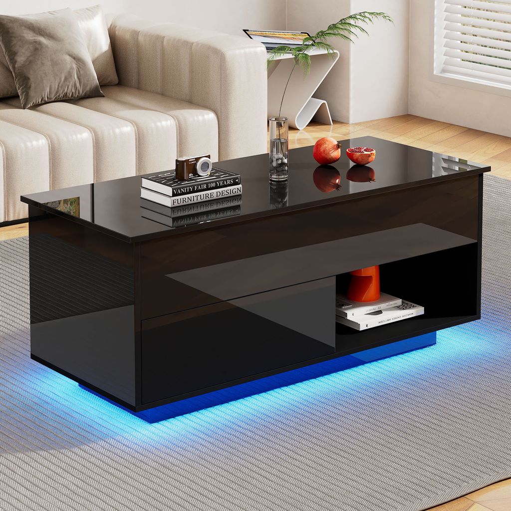 MODFU Hochglanz Couchtisch mit LED-Beleuchtung, Hydraulischer Lift-Teetisch Rechteckiger mit Hydraulischer Lift und Stauraum auf mehreren Ebenen, W...